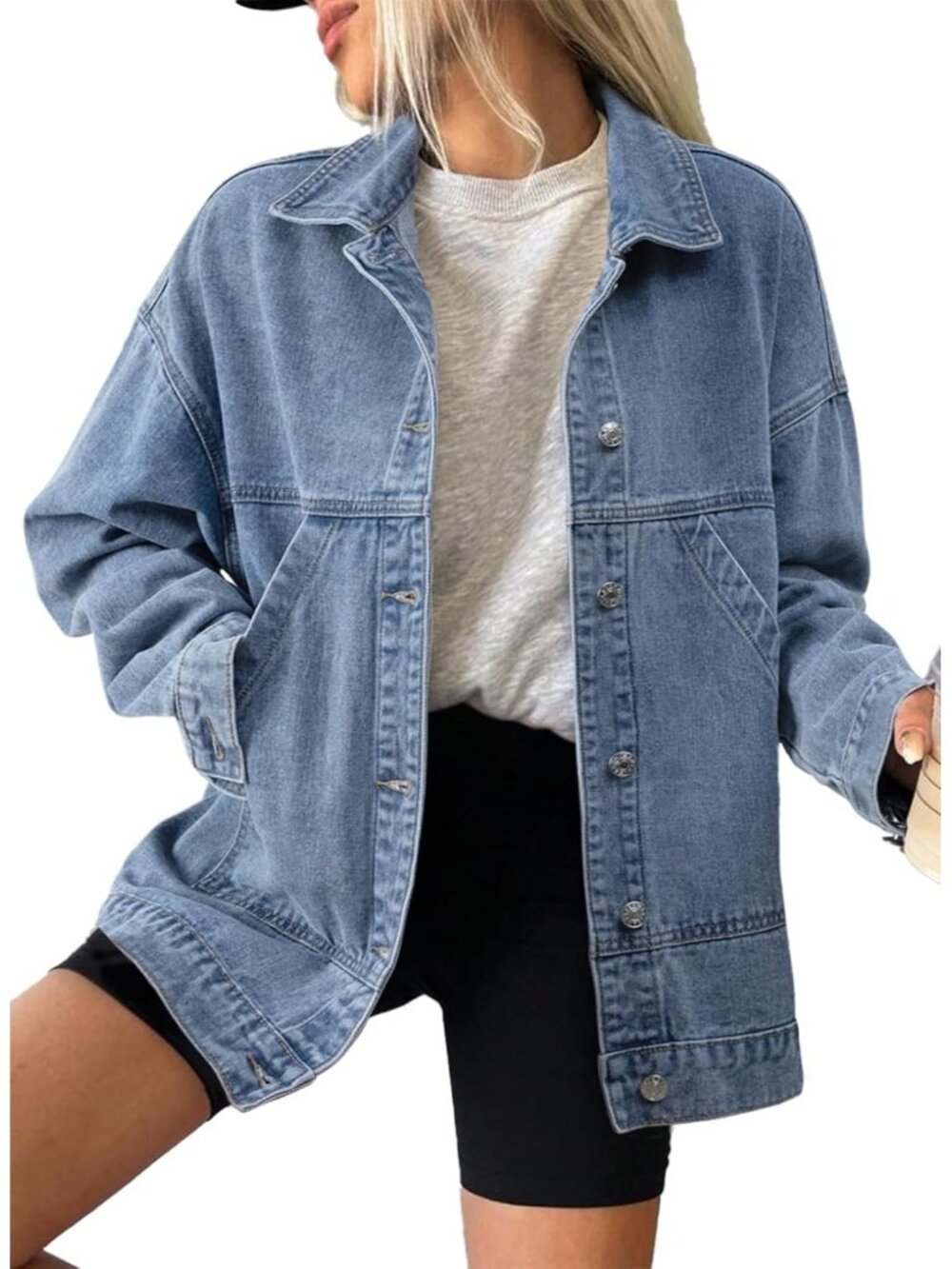 Women's Dusk Blue Long Sleeve Fall Winter Casual Pockets Jean Jacket Coat
